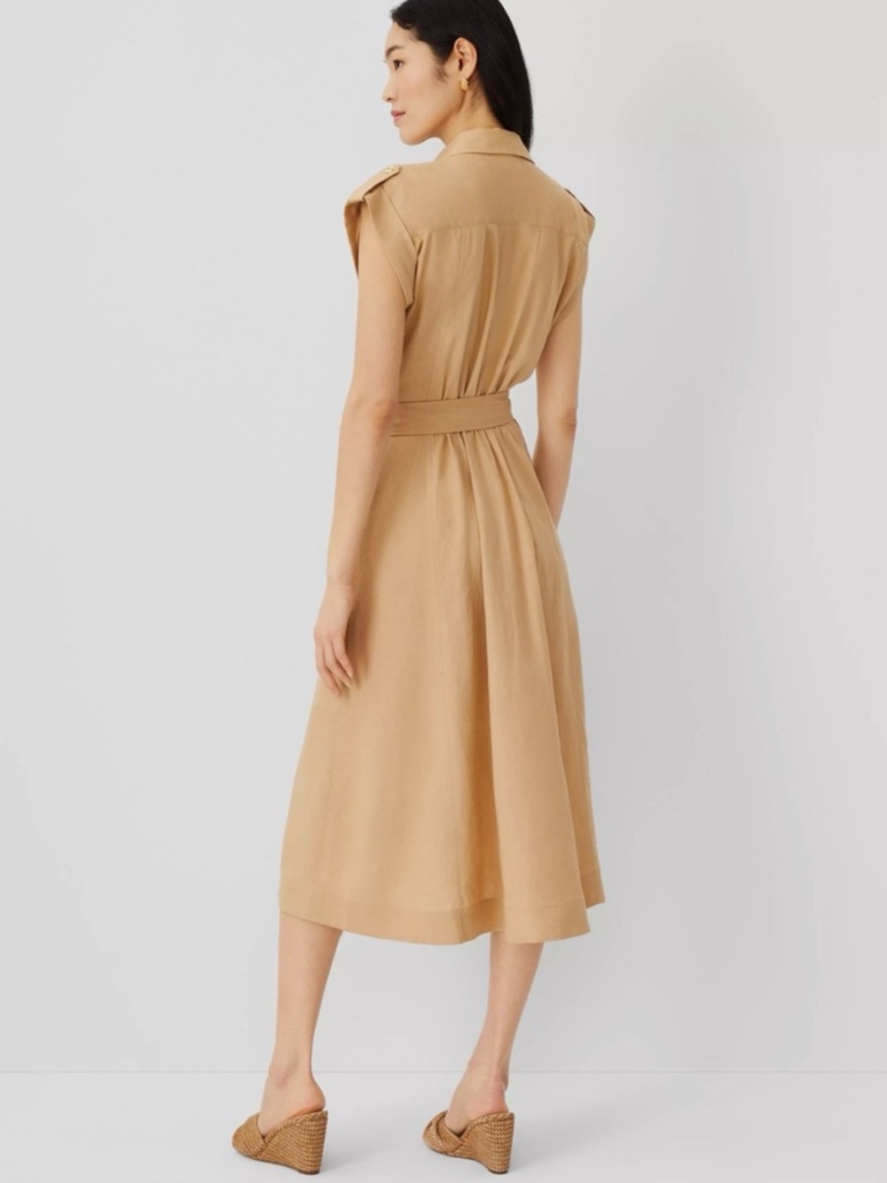 NWT Ann Taylor Linen Blend Collared Midi Dress $169 Tan Size 8 Petite - Picture 2 of 9